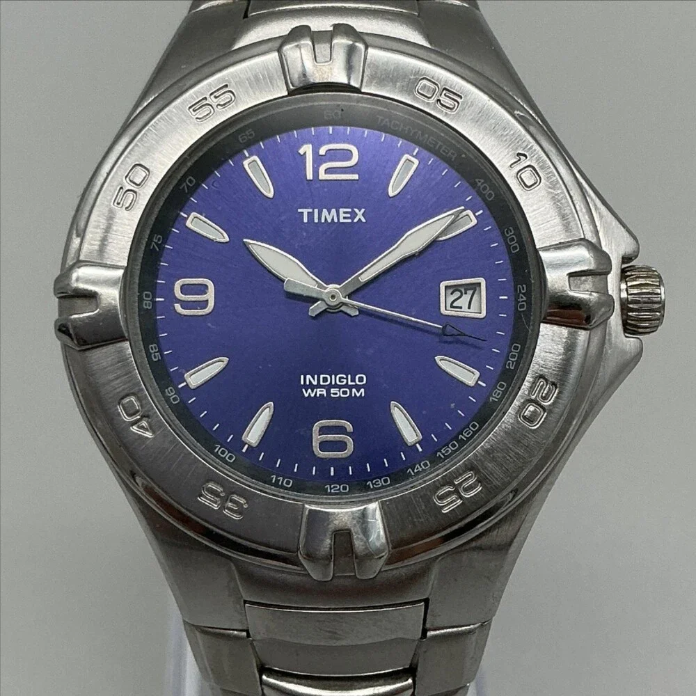 Timex Indiglo WR 50M Mens Watch 39mm Blue Dial Silver Tone Date New Battery 7